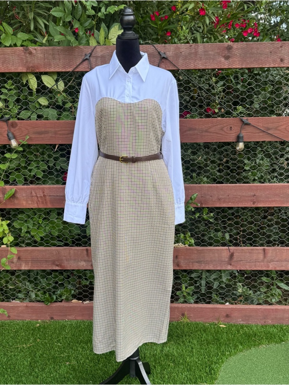 Commense White Shirt Collar Midi Plaid Panel Dress with Belt